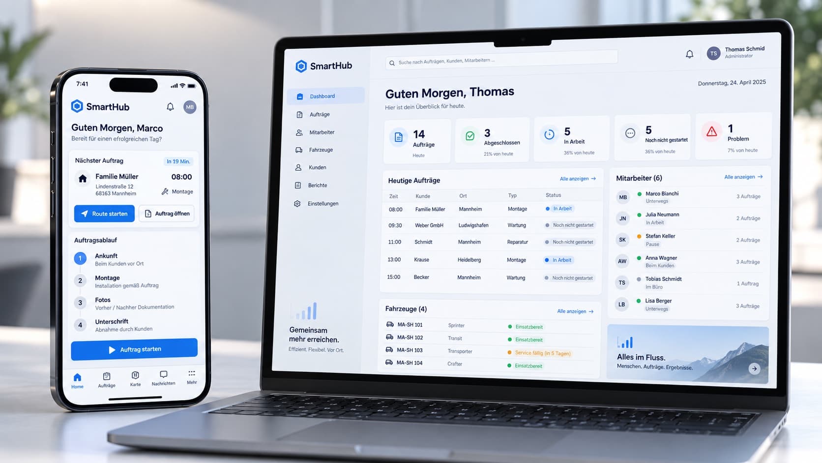 Konzept einer App für Handwerksbetriebe: auf dem Handy der nächste Auftrag mit Route und Ablauf für den Monteur, auf dem Laptop die Übersicht über Aufträge, Mitarbeiter und Fahrzeuge fürs Büro